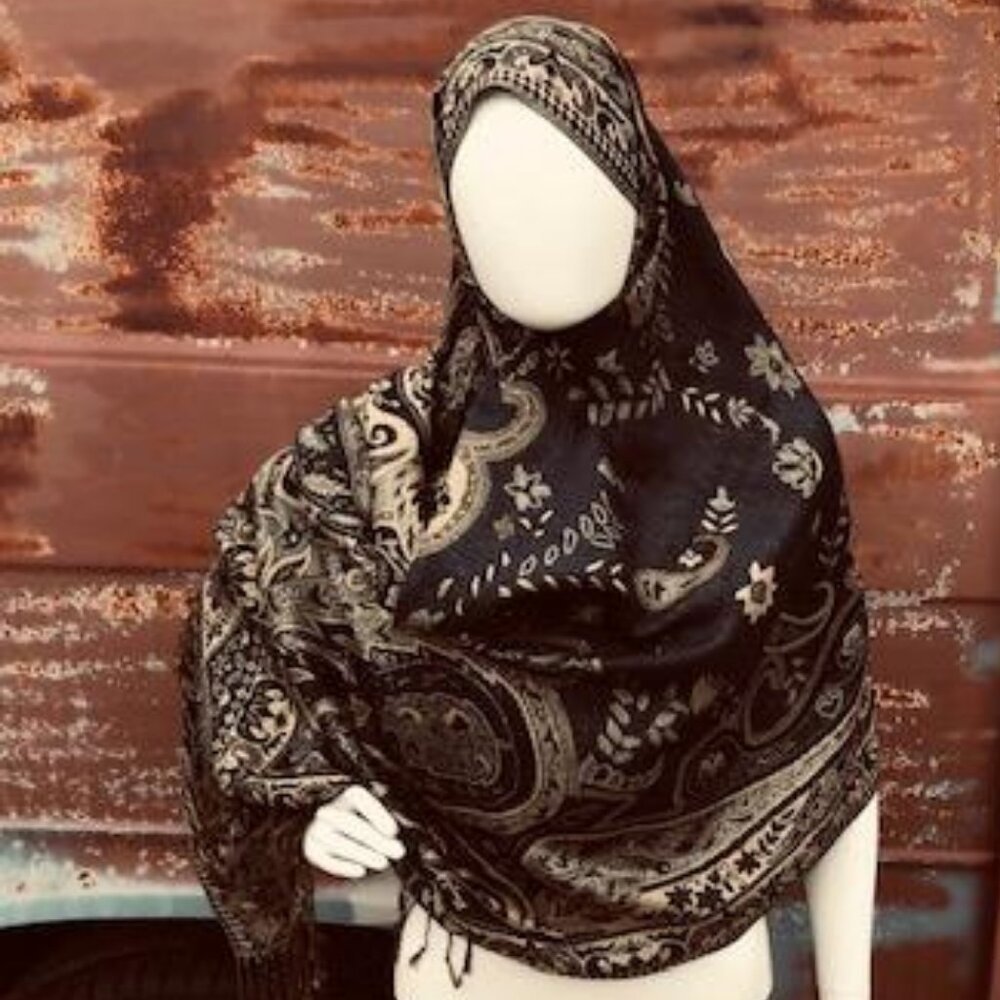 Fashion Pashmina Paisley Print Shawl Black & Gold Shoulder Wrap Hijab